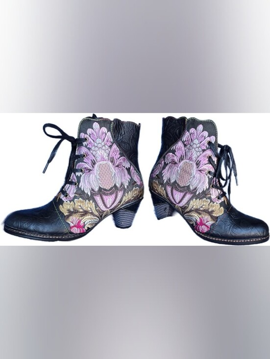 L'artiste Shoes - Embroidered Floral Lace-Up Ankle Booties - Black with Pink Accents